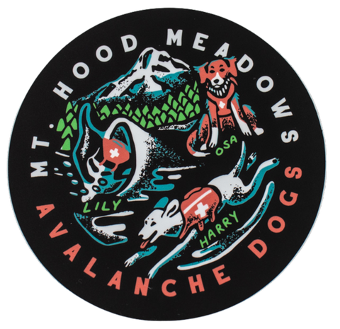 Round sticker featuring avalanche dogs.