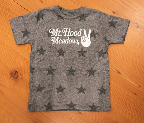 Grey tshirt with dark grey stars. The print on the front reads, "Mt. Hood Meadows"