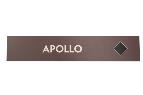 Brown rectangular sign with 'APOLLO' text 