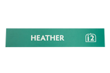 Green rectangular label with 'HEATHER' text