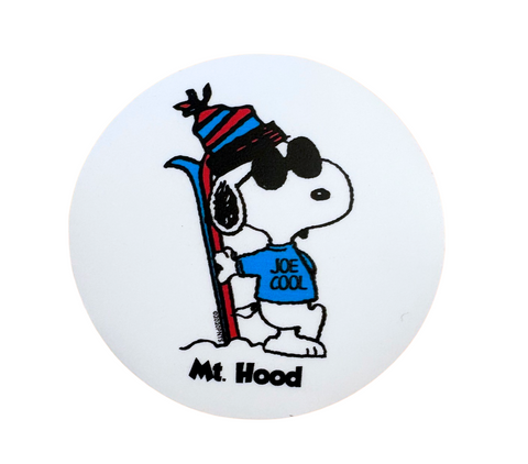 Button badge with cartoon character wearing a hat and holding skis on a white background