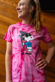 Person wearing a pink tie-dye t-shirt with a cartoon character and 'Mt. Hood' text.