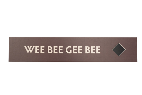 Rectangular brown sign with 'WEE BEE GEE BEE' text and a black diamond icon